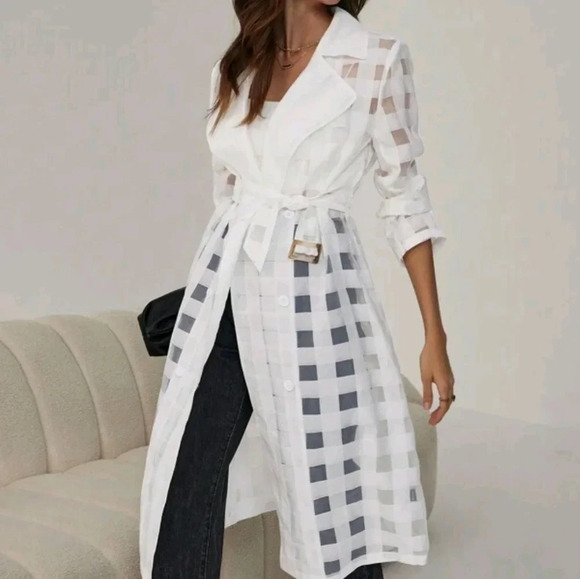Women's Solid Color Long Sleeve Sheer Patchwork Long Casual Fall Jacket - Picture 1 of 8